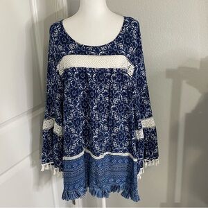 Caleoas Womens 1X Boho Fringe Tassels Tunic Top Rayon Blue White